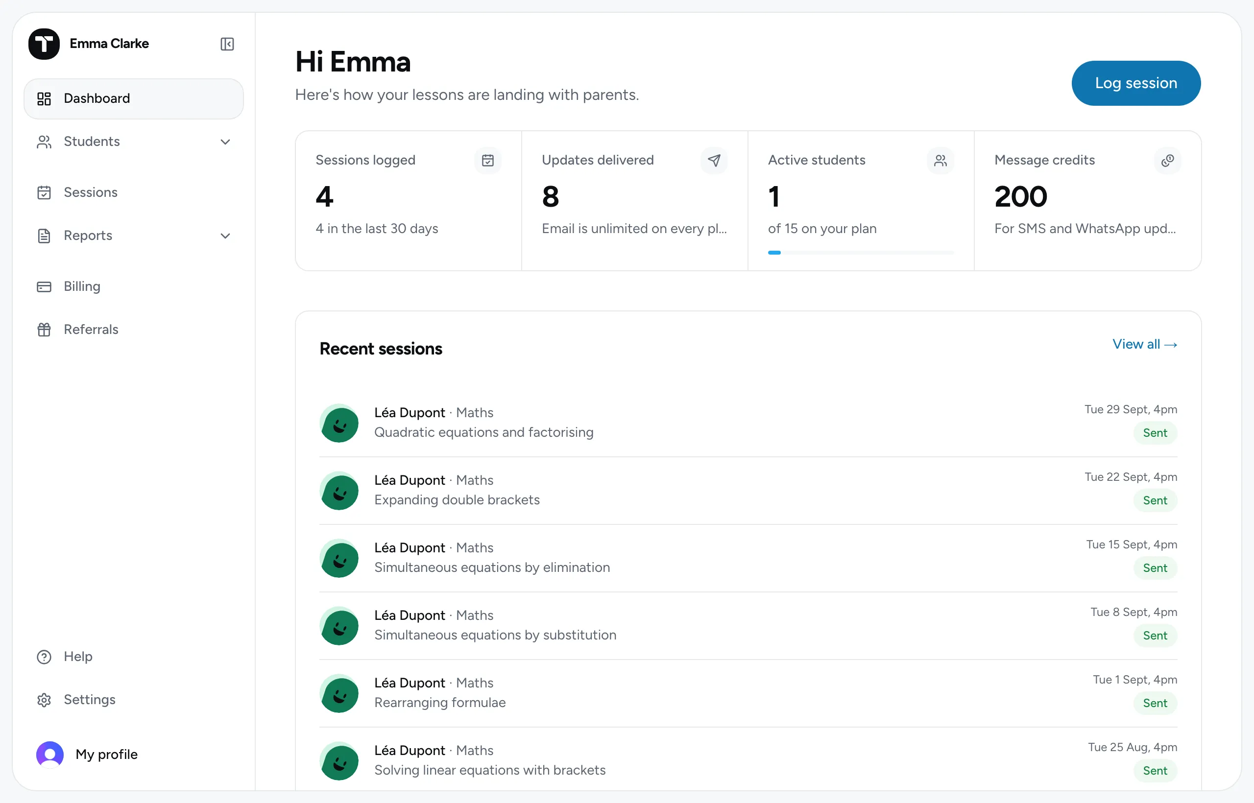 The TutorWrap dashboard: sessions logged, updates delivered, active students and message credits, then recent sessions for Léa Dupont, each marked sent.